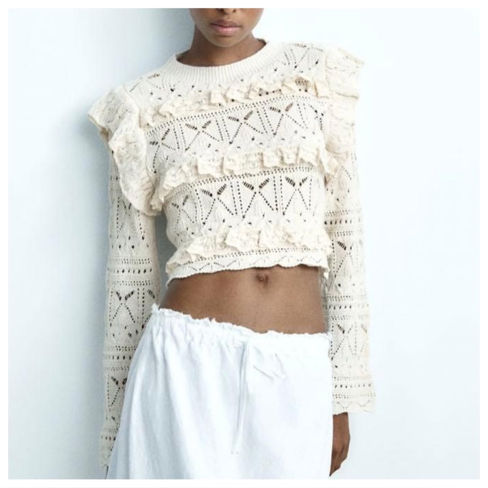 Zara Pointelle Ruffled Knit Top Sweater Size Small Ecru Cream Lace Trim Coquette
